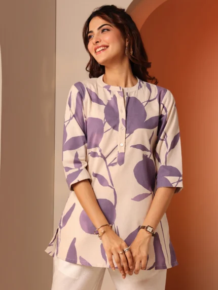 Off White Printed Cotton Straight Short Kurti