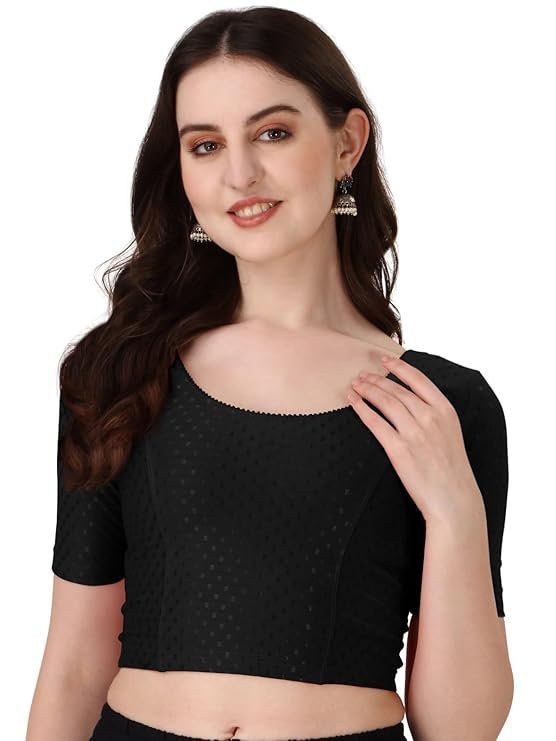 61hCPaZqc7L._SY741_.jpg Round Neck Dobby Cotton Lycra Stretchable Elbow Sleeve Readymade Saree Blouse for Women - Image 1