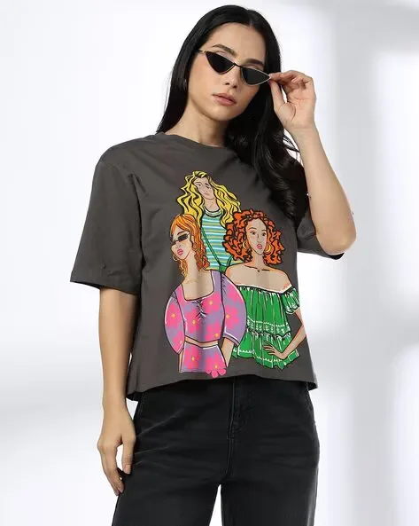473Wx593H-443065284-blackcharcoal-MODEL.webp Women Graphic Print Boxy Fit Cotton Round-Neck T-Shirt - Image 1